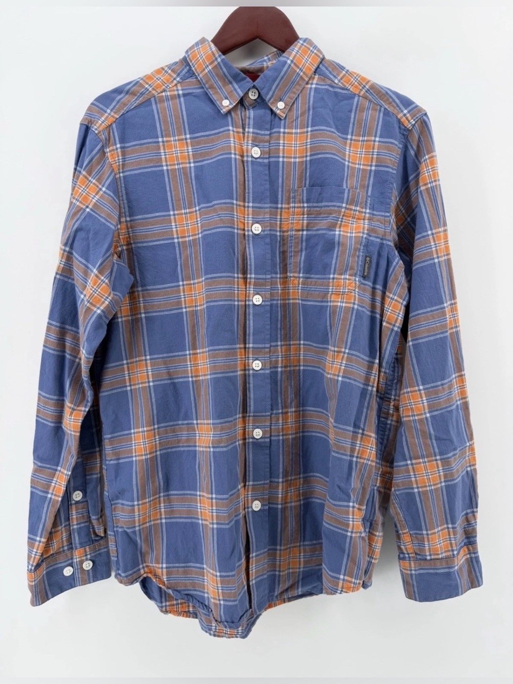 Columbia Men’s Plaid Button Down Shirt 100% Cotton Blue Orange Long Sleeve Small